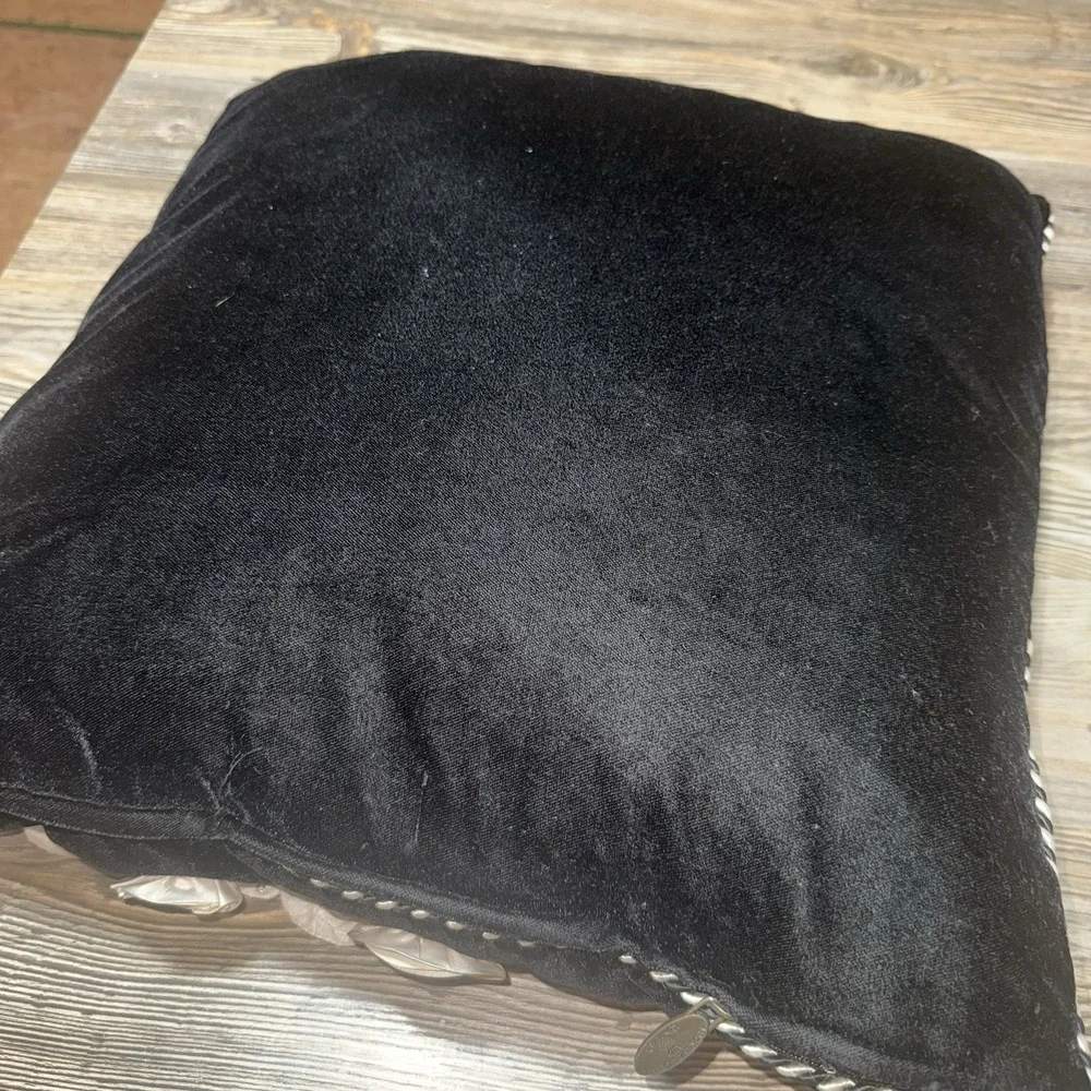 Mackenzie Childs Gardenia Square  Black Velvet Pillow, Raised Appliqué, 17 x 17